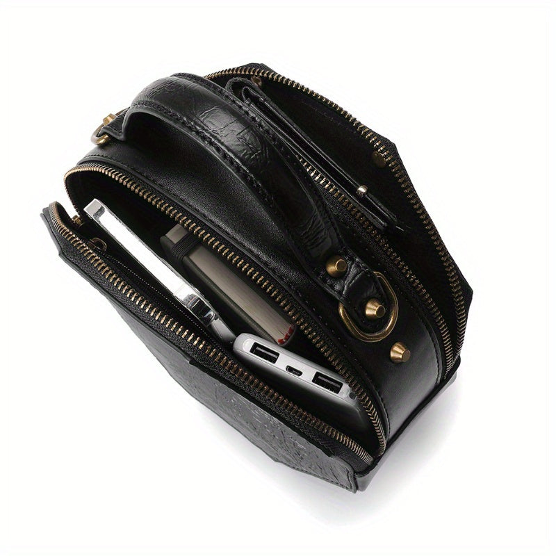 Steampunk Victorian Gothic Crossbody Bag, Retro Industrial Style Shoulder Handbag with Gear Cogs and Chain Detail, Adjustable Strap 39.37inch, Polyester Lined, Buckle Closure for Women - Black, Party Accessory|Gothic Style Ba