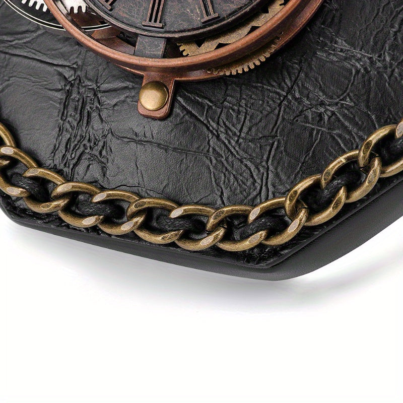 Steampunk Victorian Gothic Crossbody Bag, Retro Industrial Style Shoulder Handbag with Gear Cogs and Chain Detail, Adjustable Strap 39.37inch, Polyester Lined, Buckle Closure for Women - Black, Party Accessory|Gothic Style Ba