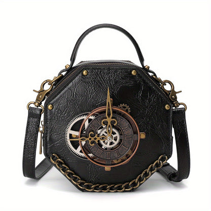 Steampunk Victorian Gothic Crossbody Bag, Retro Industrial Style Shoulder Handbag with Gear Cogs and Chain Detail, Adjustable Strap 39.37inch, Polyester Lined, Buckle Closure for Women - Black, Party Accessory|Gothic Style Ba