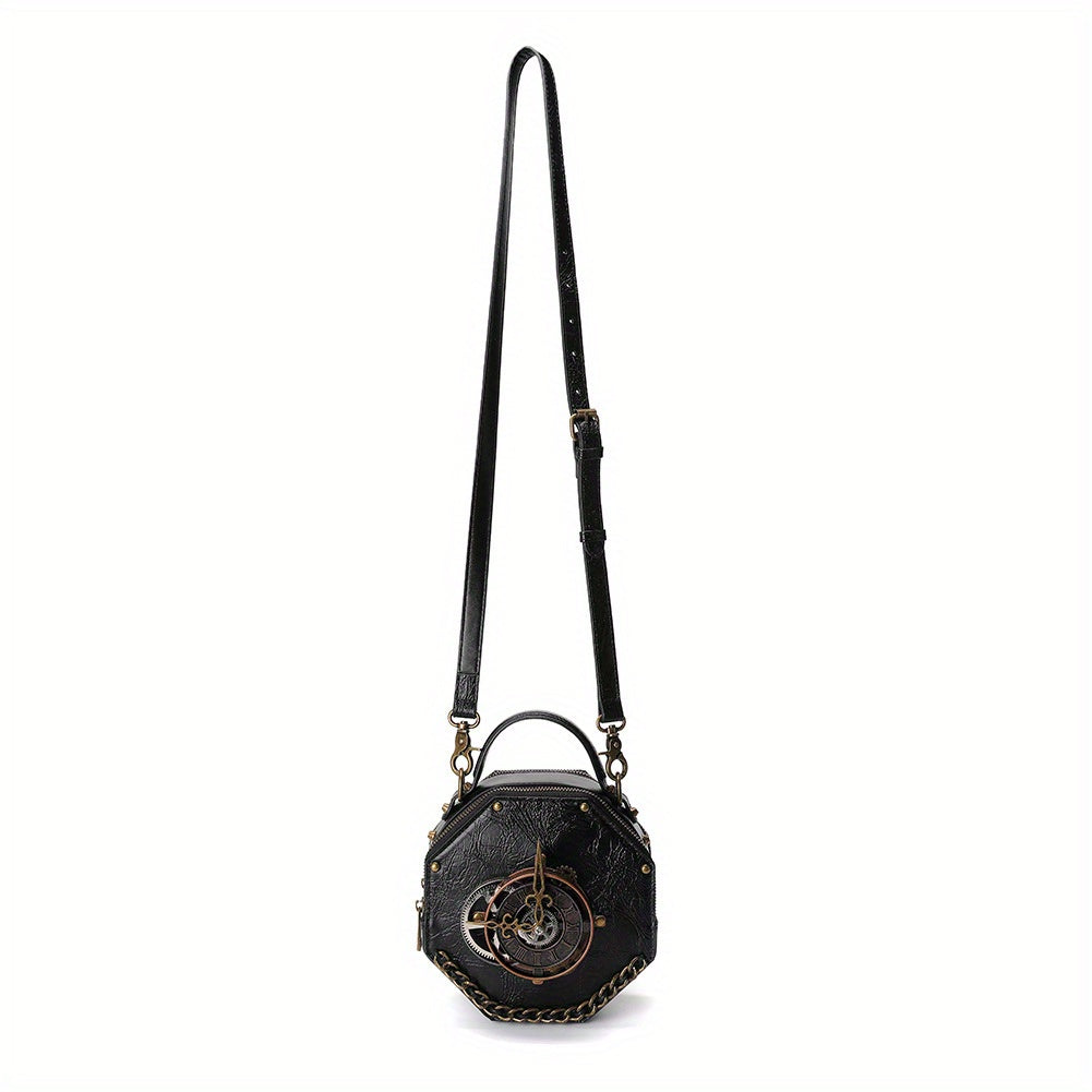 Steampunk Victorian Gothic Crossbody Bag, Retro Industrial Style Shoulder Handbag with Gear Cogs and Chain Detail, Adjustable Strap 39.37inch, Polyester Lined, Buckle Closure for Women - Black, Party Accessory|Gothic Style Ba