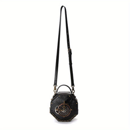 Steampunk Victorian Gothic Crossbody Bag, Retro Industrial Style Shoulder Handbag with Gear Cogs and Chain Detail, Adjustable Strap 39.37inch, Polyester Lined, Buckle Closure for Women - Black, Party Accessory|Gothic Style Ba