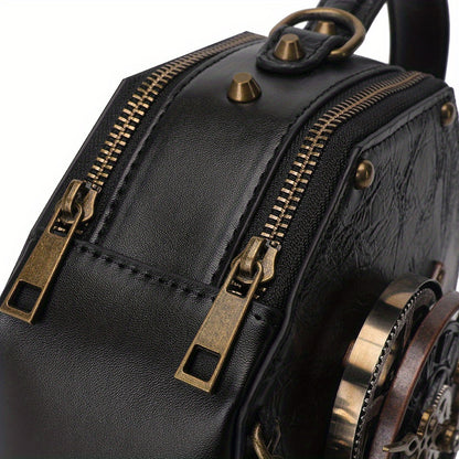 Steampunk Victorian Gothic Crossbody Bag, Retro Industrial Style Shoulder Handbag with Gear Cogs and Chain Detail, Adjustable Strap 39.37inch, Polyester Lined, Buckle Closure for Women - Black, Party Accessory|Gothic Style Ba