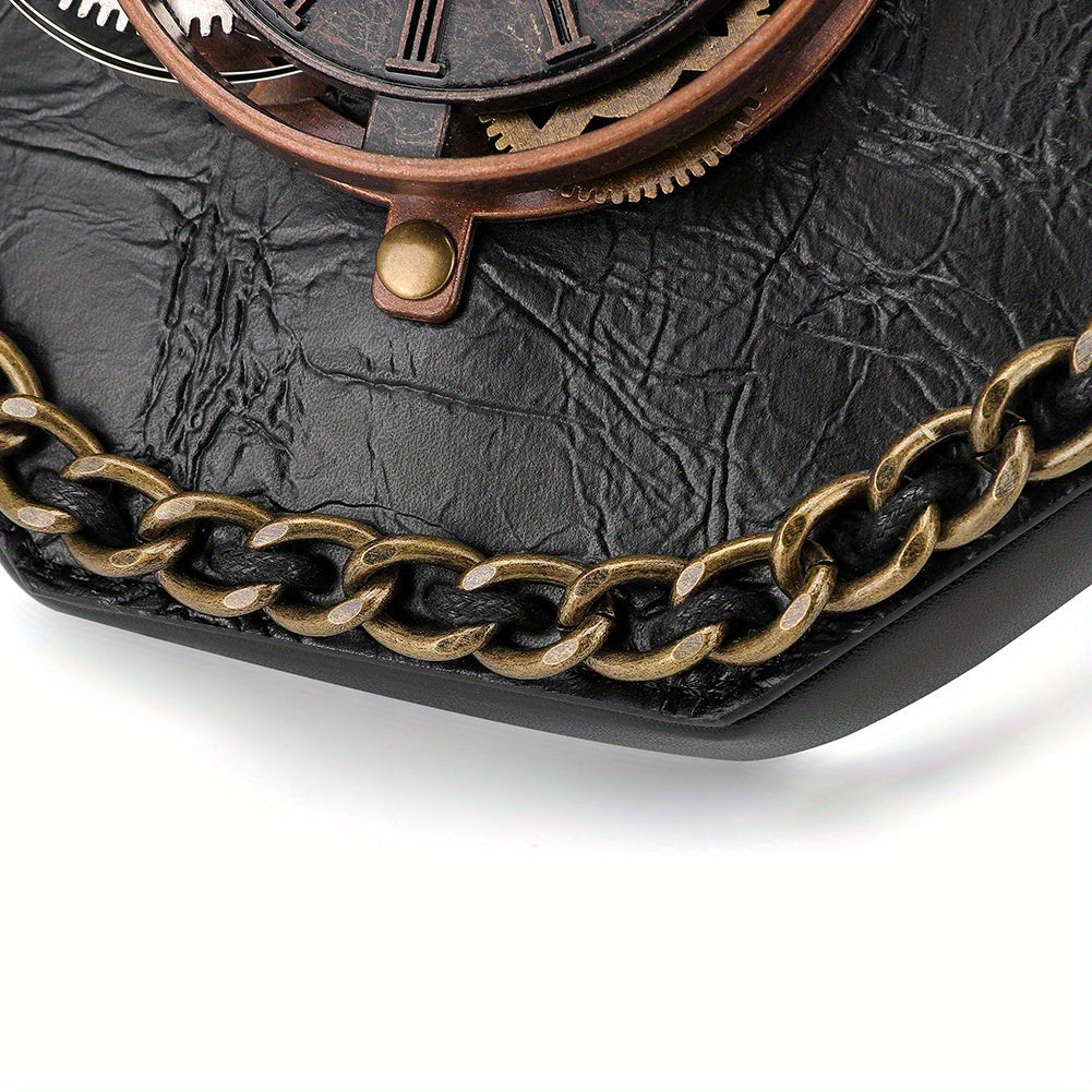 Steampunk Victorian Gothic Crossbody Bag, Retro Industrial Style Shoulder Handbag with Gear Cogs and Chain Detail, Adjustable Strap 39.37inch, Polyester Lined, Buckle Closure for Women - Black, Party Accessory|Gothic Style Ba
