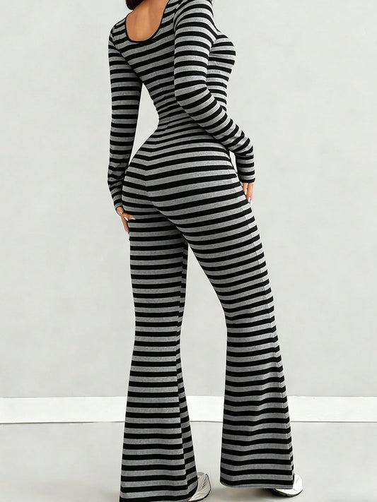 Women's Elegant Slim-Fit Jumpsuit with U-Neck & Bell-Bottom Pants - Black/Gray Stripe Romper, Long Sleeve - Outfit for Weddings, Parties, Casual Wear - Machine Washable Matching Ensemble