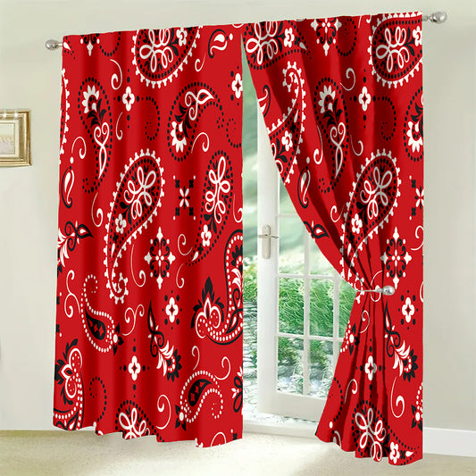 2pcs/Set Red Paisley Pattern Door Curtains Light and Airy Feel for Cozy Bedroom Chic Office Stylish Kitchen Welcoming Living Room and Serene Study