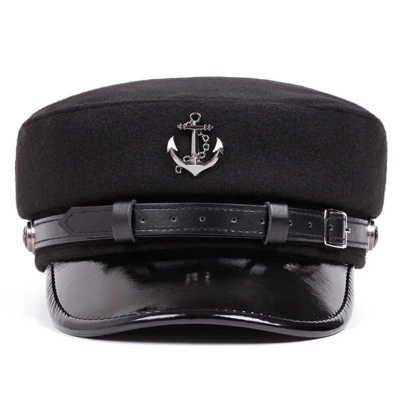 Men'S Punk Style Anchor Logo Beret Visor Cap - Adjustable Snap Closure, White & Black Nautical Design, Durable Polyester for Casual & Semi-Formal Outfits, Maritime-Inspired Fashion Accessory