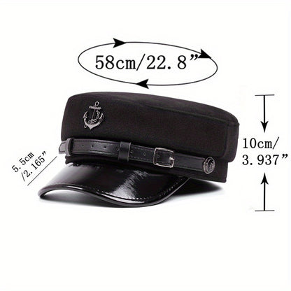 Men'S Punk Style Anchor Logo Beret Visor Cap - Adjustable Snap Closure, White & Black Nautical Design, Durable Polyester for Casual & Semi-Formal Outfits, Maritime-Inspired Fashion Accessory