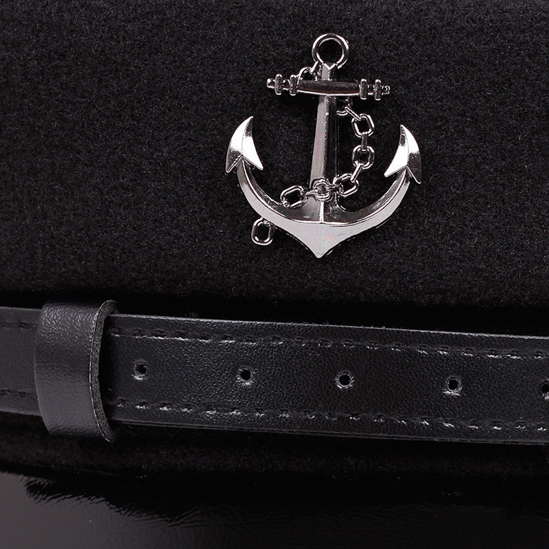 Men'S Punk Style Anchor Logo Beret Visor Cap - Adjustable Snap Closure, White & Black Nautical Design, Durable Polyester for Casual & Semi-Formal Outfits, Maritime-Inspired Fashion Accessory