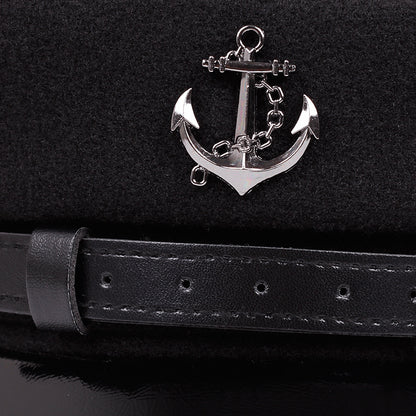 Men'S Punk Style Anchor Logo Beret Visor Cap - Adjustable Snap Closure, White & Black Nautical Design, Durable Polyester for Casual & Semi-Formal Outfits, Maritime-Inspired Fashion Accessory