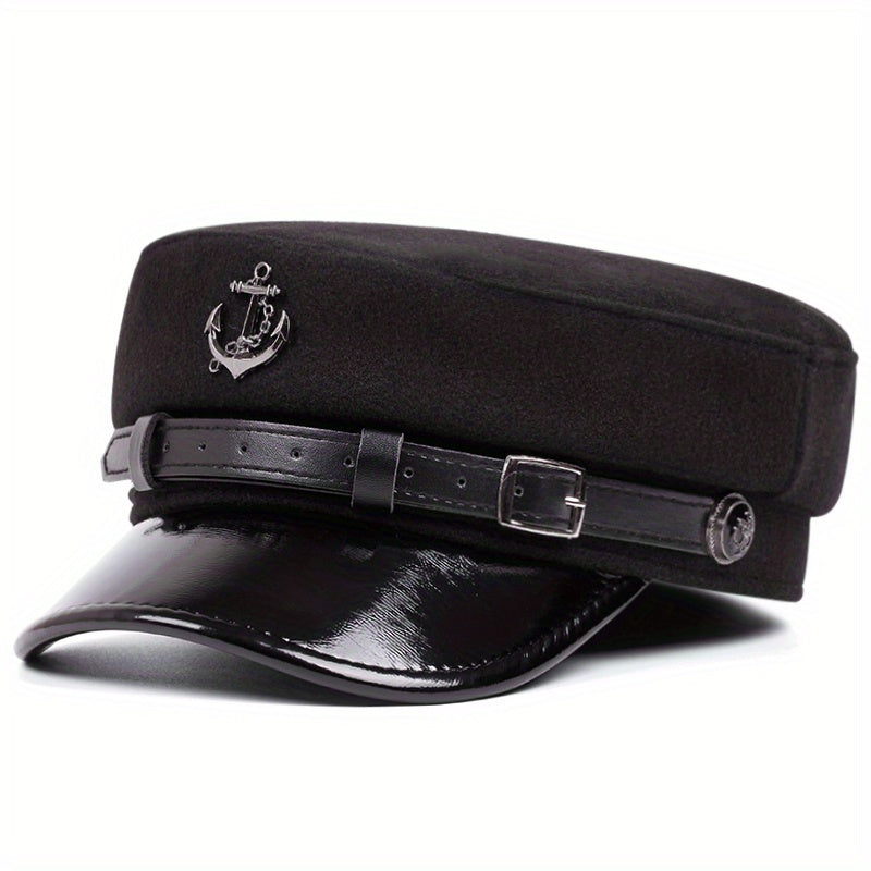 Men'S Punk Style Anchor Logo Beret Visor Cap - Adjustable Snap Closure, White & Black Nautical Design, Durable Polyester for Casual & Semi-Formal Outfits, Maritime-Inspired Fashion Accessory