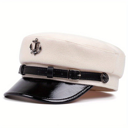 Men'S Punk Style Anchor Logo Beret Visor Cap - Adjustable Snap Closure, White & Black Nautical Design, Durable Polyester for Casual & Semi-Formal Outfits, Maritime-Inspired Fashion Accessory