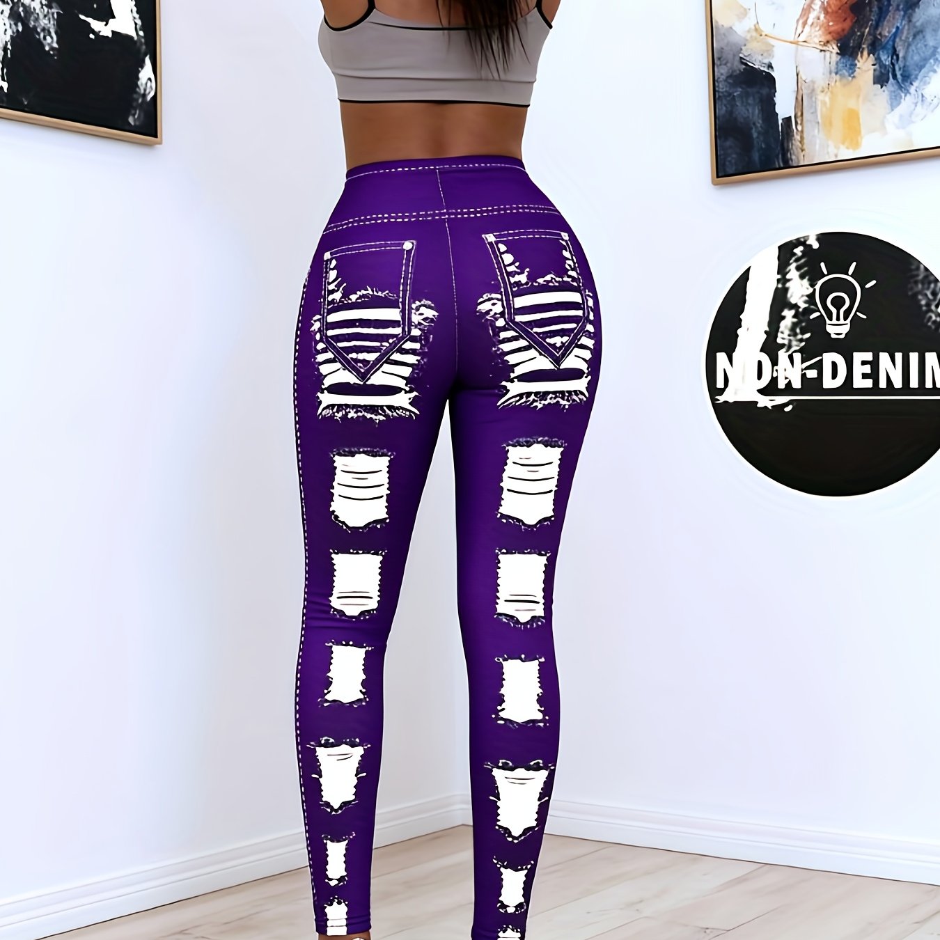 [Printed Pants - Not Denim Fabric] Printed Legging - Not Denim Fabric - Christmas Plus Size Women's Digital Print Denim-Look Leggings, Stretch Polyester, All-Season Casual Slim-Fit Pants, Regular Fit, Adult Sizes, Machine Was