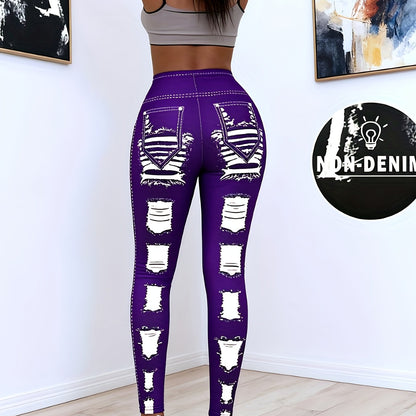 [Printed Pants - Not Denim Fabric] Printed Legging - Not Denim Fabric - Christmas Plus Size Women's Digital Print Denim-Look Leggings, Stretch Polyester, All-Season Casual Slim-Fit Pants, Regular Fit, Adult Sizes, Machine Was