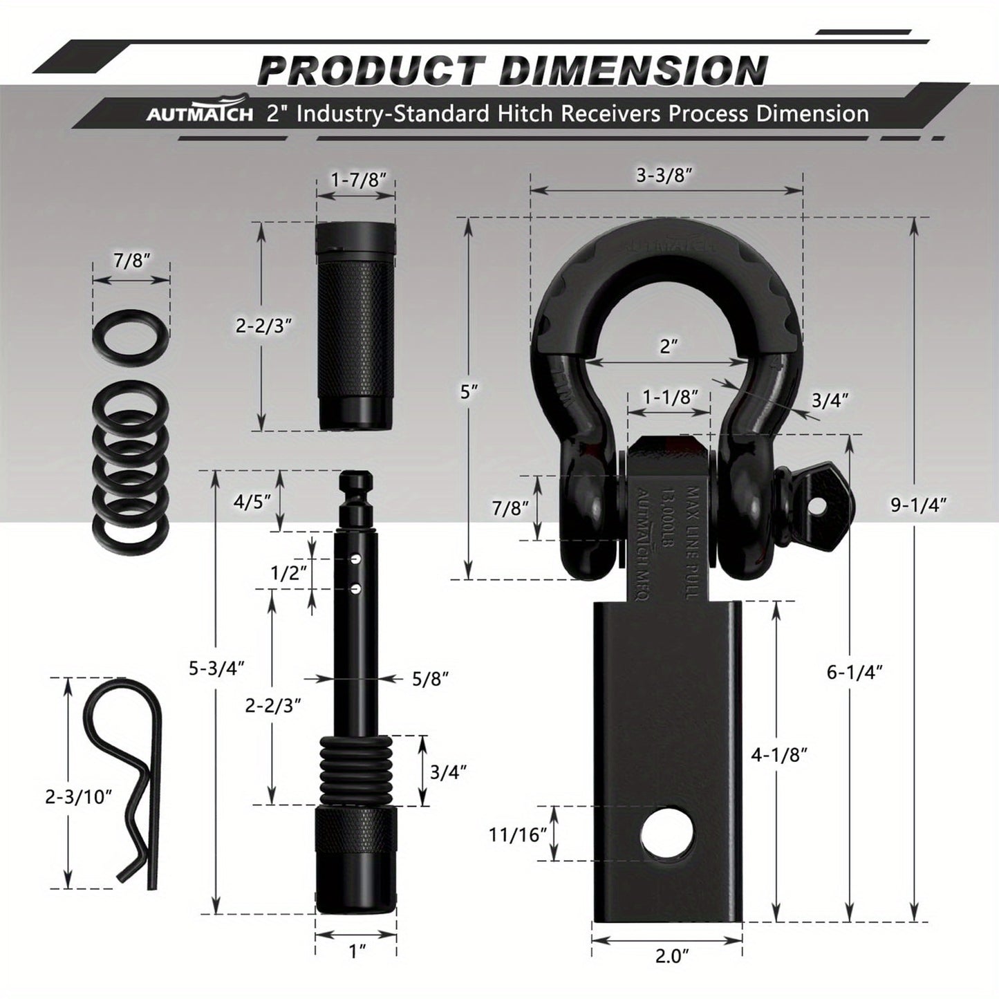 AUTMATCH Heavy-Duty 45,000 lbs Shackle Hitch Receiver Kit - 2-Inch Trailer Hitch Lock with 6-Ton Capacity (13000 Lbs), High-Strength Drop-Forged, Adjustable Lock Pin & Shackles for Truck,, RV, ATV, Boat Recovery