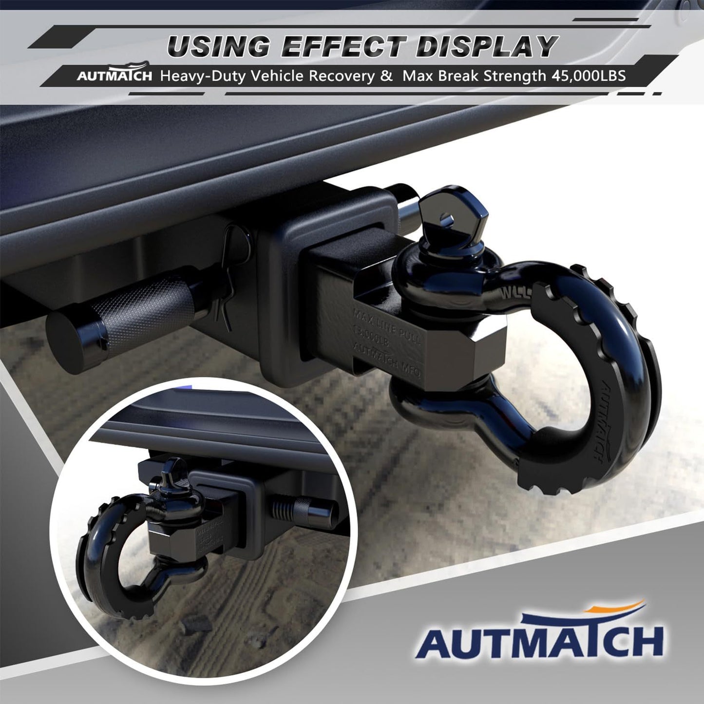 AUTMATCH Heavy-Duty 45,000 lbs Shackle Hitch Receiver Kit - 2-Inch Trailer Hitch Lock with 6-Ton Capacity (13000 Lbs), High-Strength Drop-Forged, Adjustable Lock Pin & Shackles for Truck,, RV, ATV, Boat Recovery
