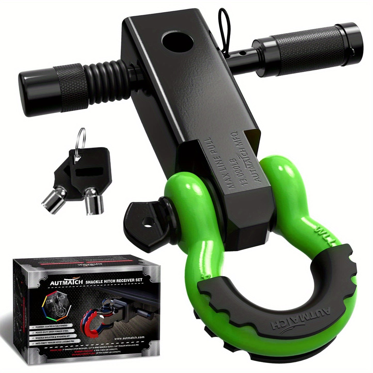 AUTMATCH Heavy-Duty 45,000 lbs Shackle Hitch Receiver Kit - 2-Inch Trailer Hitch Lock with 6-Ton Capacity (13000 Lbs), High-Strength Drop-Forged, Adjustable Lock Pin & Shackles for Truck,, RV, ATV, Boat Recovery
