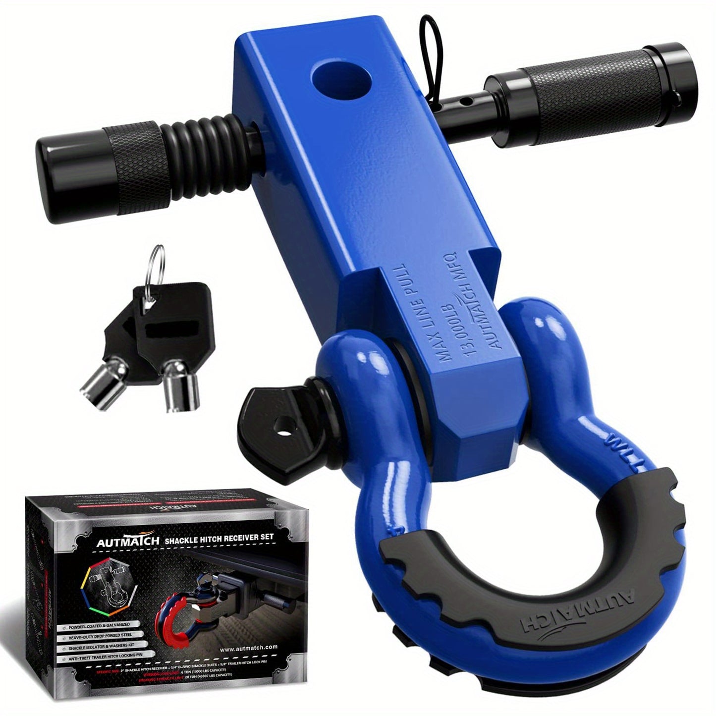 AUTMATCH Heavy-Duty 45,000 lbs Shackle Hitch Receiver Kit - 2-Inch Trailer Hitch Lock with 6-Ton Capacity (13000 Lbs), High-Strength Drop-Forged, Adjustable Lock Pin & Shackles for Truck,, RV, ATV, Boat Recovery