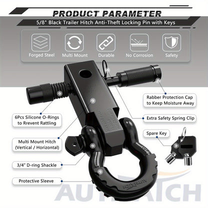 AUTMATCH Heavy-Duty 45,000 lbs Shackle Hitch Receiver Kit - 2-Inch Trailer Hitch Lock with 6-Ton Capacity (13000 Lbs), High-Strength Drop-Forged, Adjustable Lock Pin & Shackles for Truck,, RV, ATV, Boat Recovery