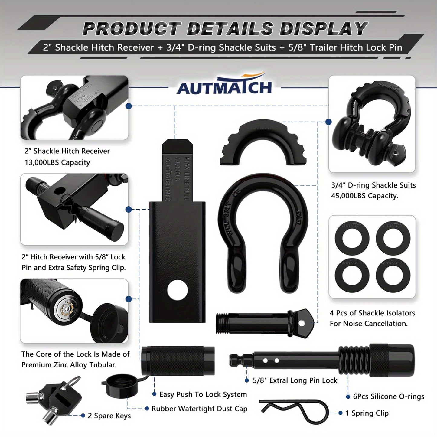 AUTMATCH Heavy-Duty 45,000 lbs Shackle Hitch Receiver Kit - 2-Inch Trailer Hitch Lock with 6-Ton Capacity (13000 Lbs), High-Strength Drop-Forged, Adjustable Lock Pin & Shackles for Truck,, RV, ATV, Boat Recovery