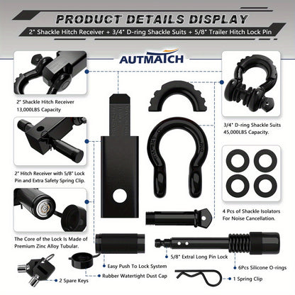 AUTMATCH Heavy-Duty 45,000 lbs Shackle Hitch Receiver Kit - 2-Inch Trailer Hitch Lock with 6-Ton Capacity (13000 Lbs), High-Strength Drop-Forged, Adjustable Lock Pin & Shackles for Truck,, RV, ATV, Boat Recovery