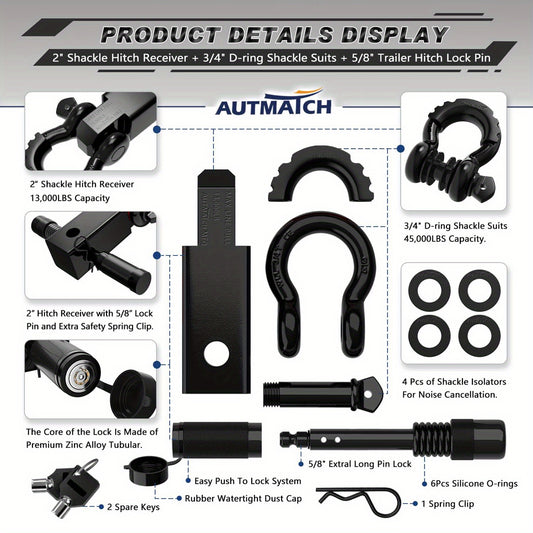 AUTMATCH Heavy-Duty 45,000 lbs Shackle Hitch Receiver Kit - 2-Inch Trailer Hitch Lock with 6-Ton Capacity (13000 Lbs), High-Strength Drop-Forged, Adjustable Lock Pin & Shackles for Truck,, RV, ATV, Boat Recovery