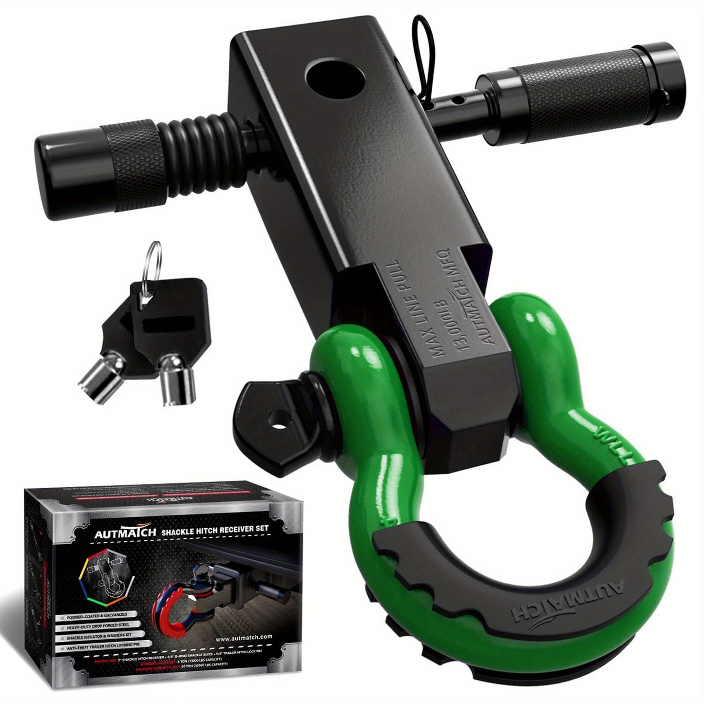 AUTMATCH Heavy-Duty 45,000 lbs Shackle Hitch Receiver Kit - 2-Inch Trailer Hitch Lock with 6-Ton Capacity (13000 Lbs), High-Strength Drop-Forged, Adjustable Lock Pin & Shackles for Truck,, RV, ATV, Boat Recovery