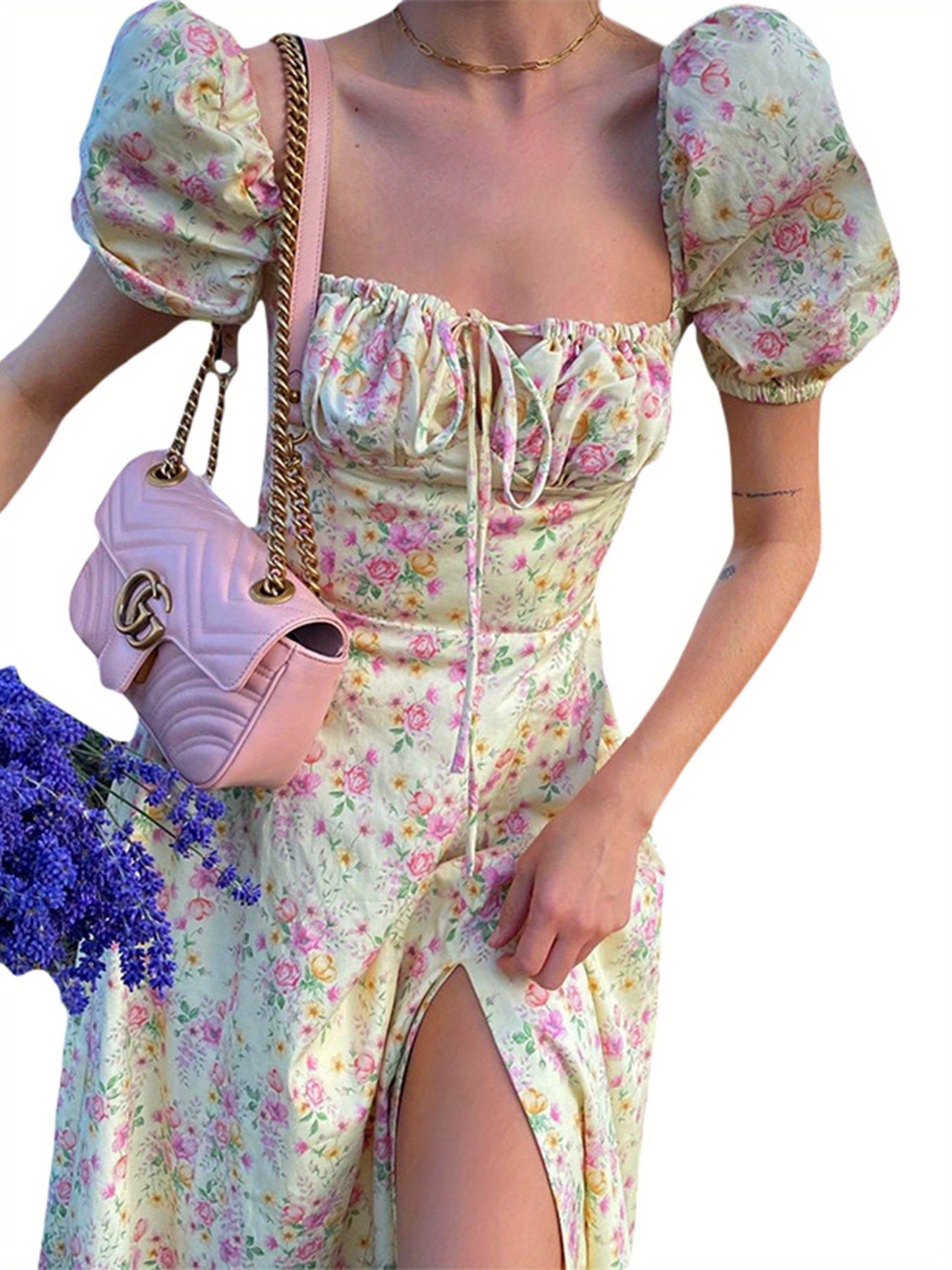 Ladies' Gown Featuring Puff Short Sleeves, Lace-Up Front, Floral Print, And a High-Slit Long Skirt