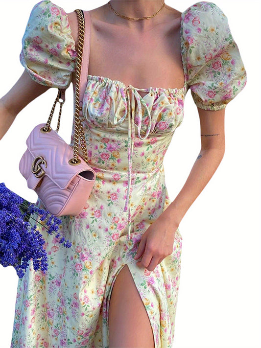 Ladies' Gown Featuring Puff Short Sleeves, Lace-Up Front, Floral Print, And a High-Slit Long Skirt