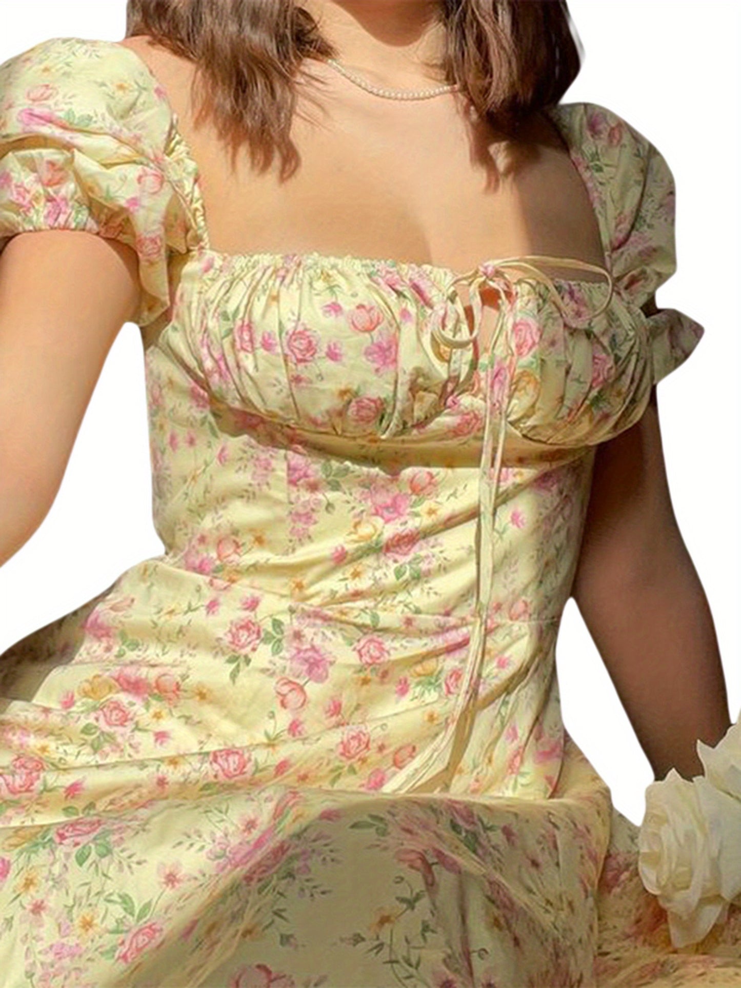 Ladies' Gown Featuring Puff Short Sleeves, Lace-Up Front, Floral Print, And a High-Slit Long Skirt