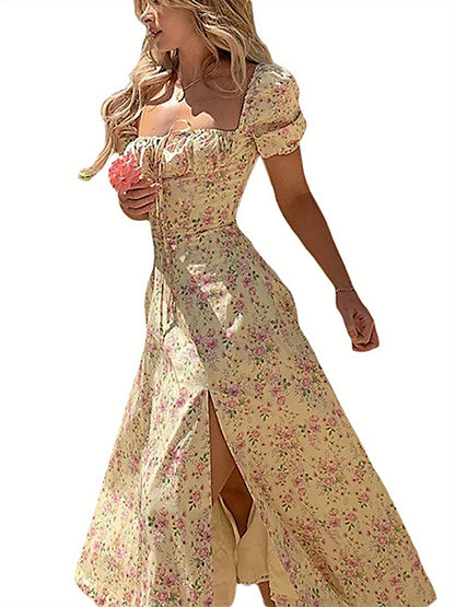 Ladies' Gown Featuring Puff Short Sleeves, Lace-Up Front, Floral Print, And a High-Slit Long Skirt