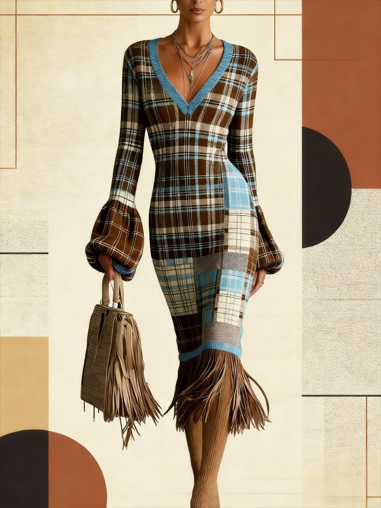 Cross-border New Autumn And Winter Sweater Dress, Floral Flower Printing, Sexy V-neck Long-sleeved Design, Fringed Hem Embellishment, Warm And Thin Temperament Commuter Bottom Dress