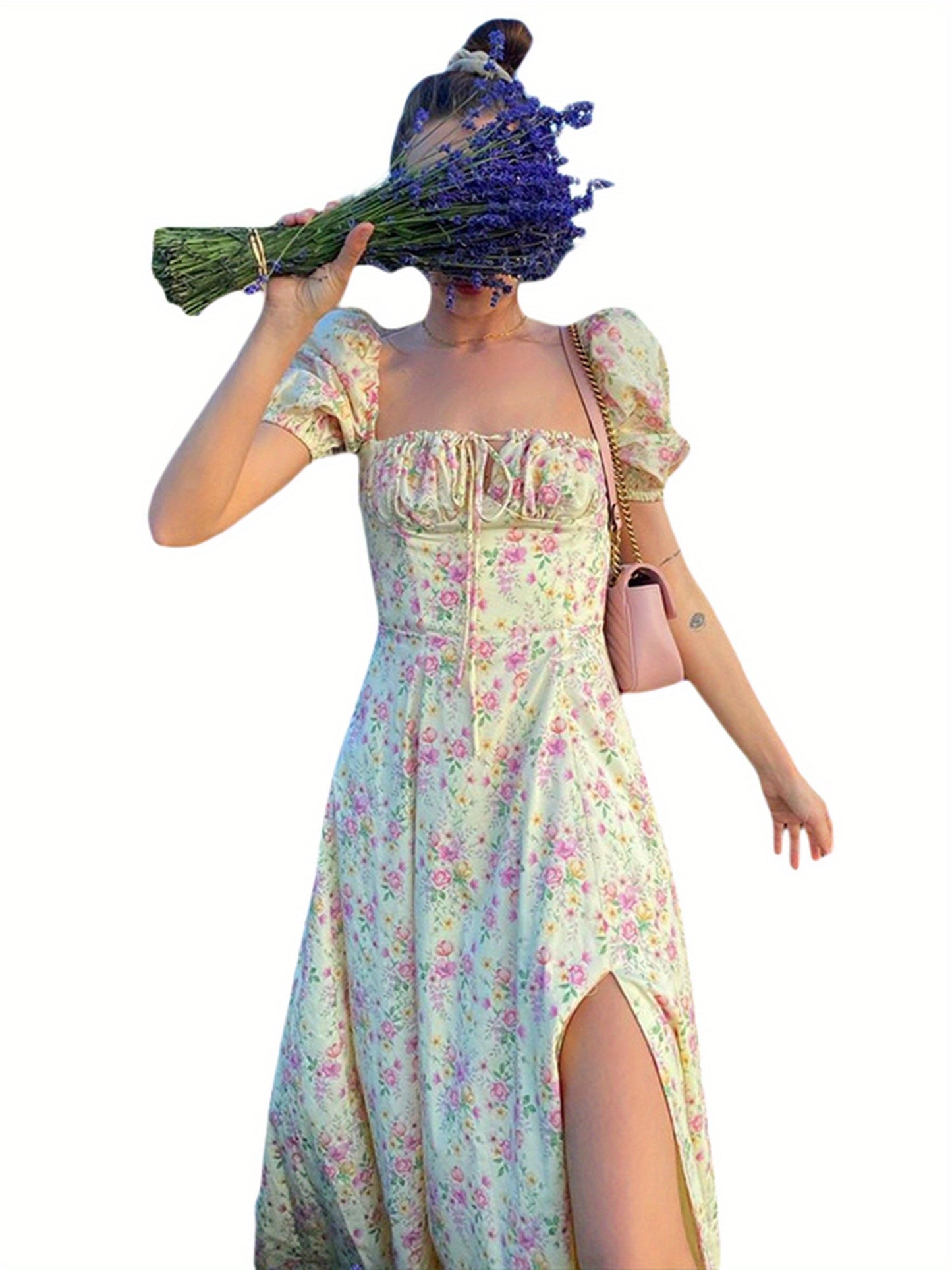 Ladies' Gown Featuring Puff Short Sleeves, Lace-Up Front, Floral Print, And a High-Slit Long Skirt