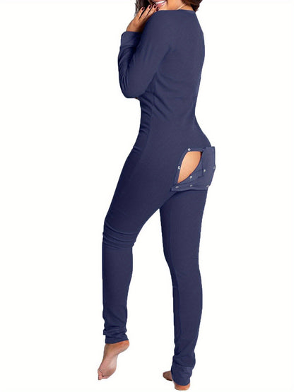 Women Functional Buttoned Flap Jumpsuit Sleepwear Solid Color Printed Long Sleeve Homewear Pajamas