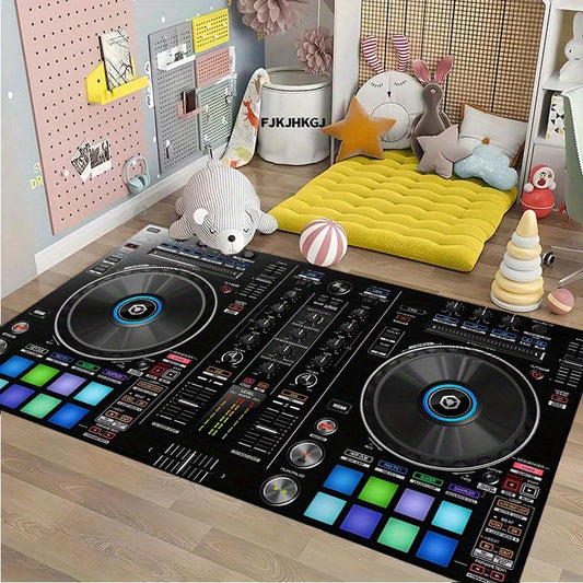 Large DJ Controller Print Area Rug - 800g/m² Crystal Velvet, Non-Slip & Dirt-Resistant Floor Mat for Bedroom, Living Room, or Home Studio Decor, Black with Colorful DJ Interface Design, Living Room Decor | Vibrant Floor Art