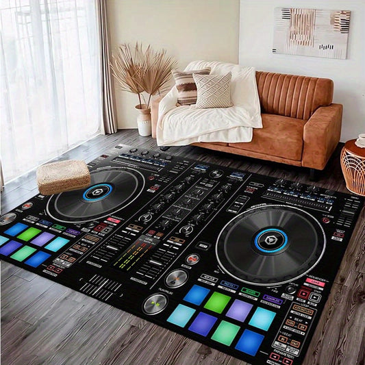 Large DJ Controller Print Area Rug - 800g/m² Crystal Velvet, Non-Slip & Dirt-Resistant Floor Mat for Bedroom, Living Room, or Home Studio Decor, Black with Colorful DJ Interface Design, Living Room Decor | Vibrant Floor Art