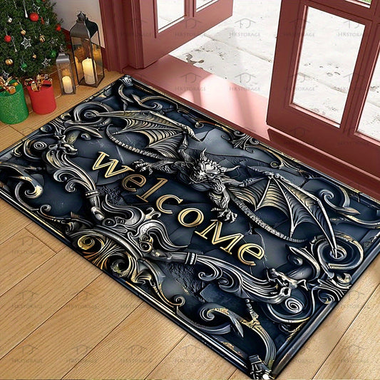 1pc HKStorage Vintage Welcome Mat - Non-Slip Entryway Mat with Elegant Welcome Text, Navy Blue & Golden Accent - Large Door Mat for Indoor/Outdoor Use - Machine Washable Polyester Floor Mat for Front Door, Living Room, Kitche
