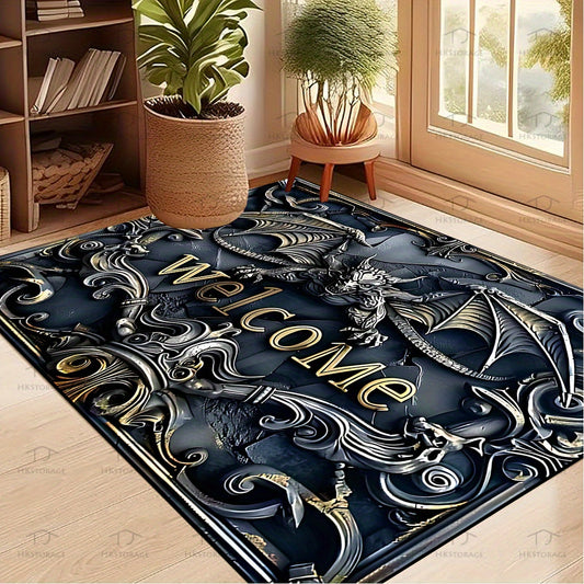 1pc HKStorage Vintage Welcome Mat - Non-Slip Entryway Mat with Elegant Welcome Text, Navy Blue & Golden Accent - Large Door Mat for Indoor/Outdoor Use - Machine Washable Polyester Floor Mat for Front Door, Living Room, Kitche