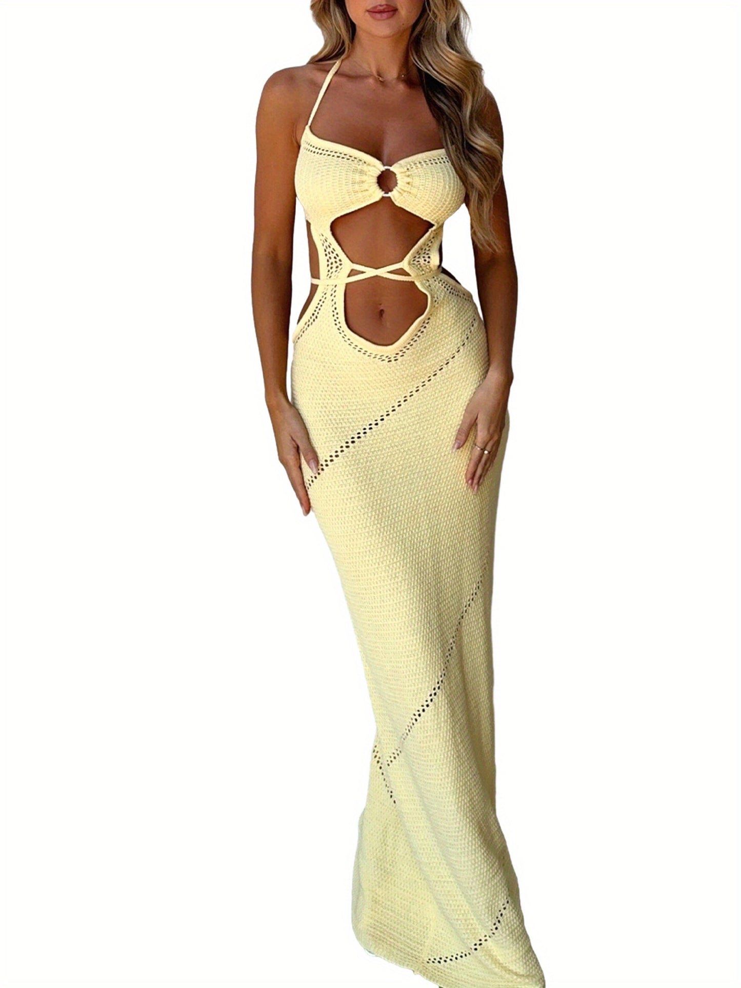 Women's Sleeveless Mermaid Dress - Halter Neck Long Dress with Back Cutout & Tie-Waist, Slim-Fit Pencil, Stretchy Fabric for Beach Weddings, Prom, Party (Hand Washable) - Spring/Summer Elegant Gown