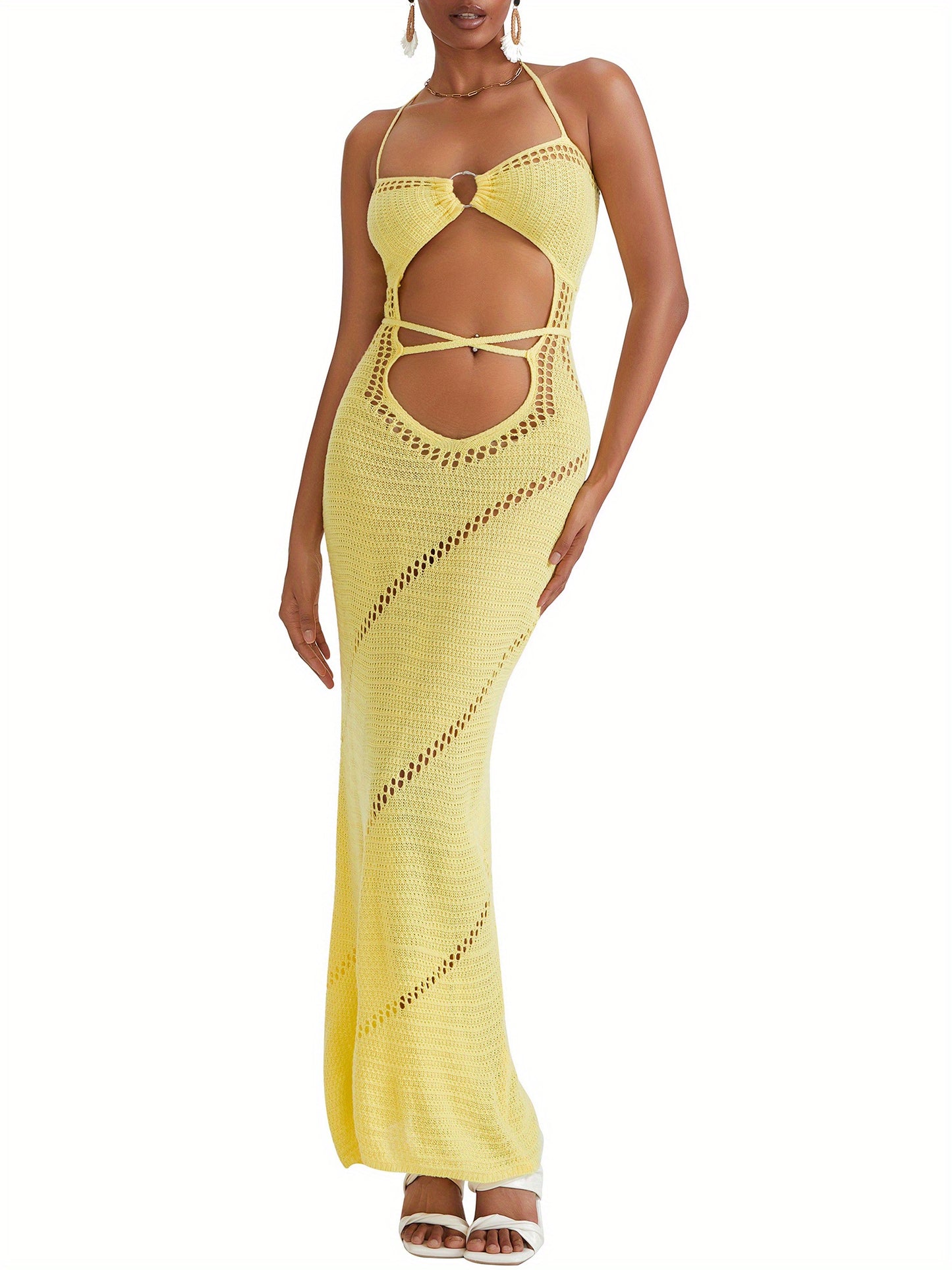 Women's Sleeveless Mermaid Dress - Halter Neck Long Dress with Back Cutout & Tie-Waist, Slim-Fit Pencil, Stretchy Fabric for Beach Weddings, Prom, Party (Hand Washable) - Spring/Summer Elegant Gown