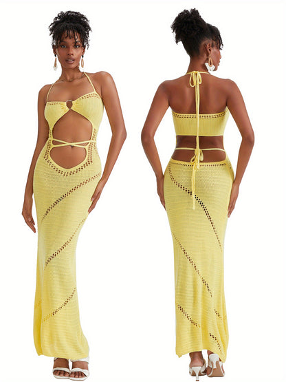 Women's Sleeveless Mermaid Dress - Halter Neck Long Dress with Back Cutout & Tie-Waist, Slim-Fit Pencil, Stretchy Fabric for Beach Weddings, Prom, Party (Hand Washable) - Spring/Summer Elegant Gown