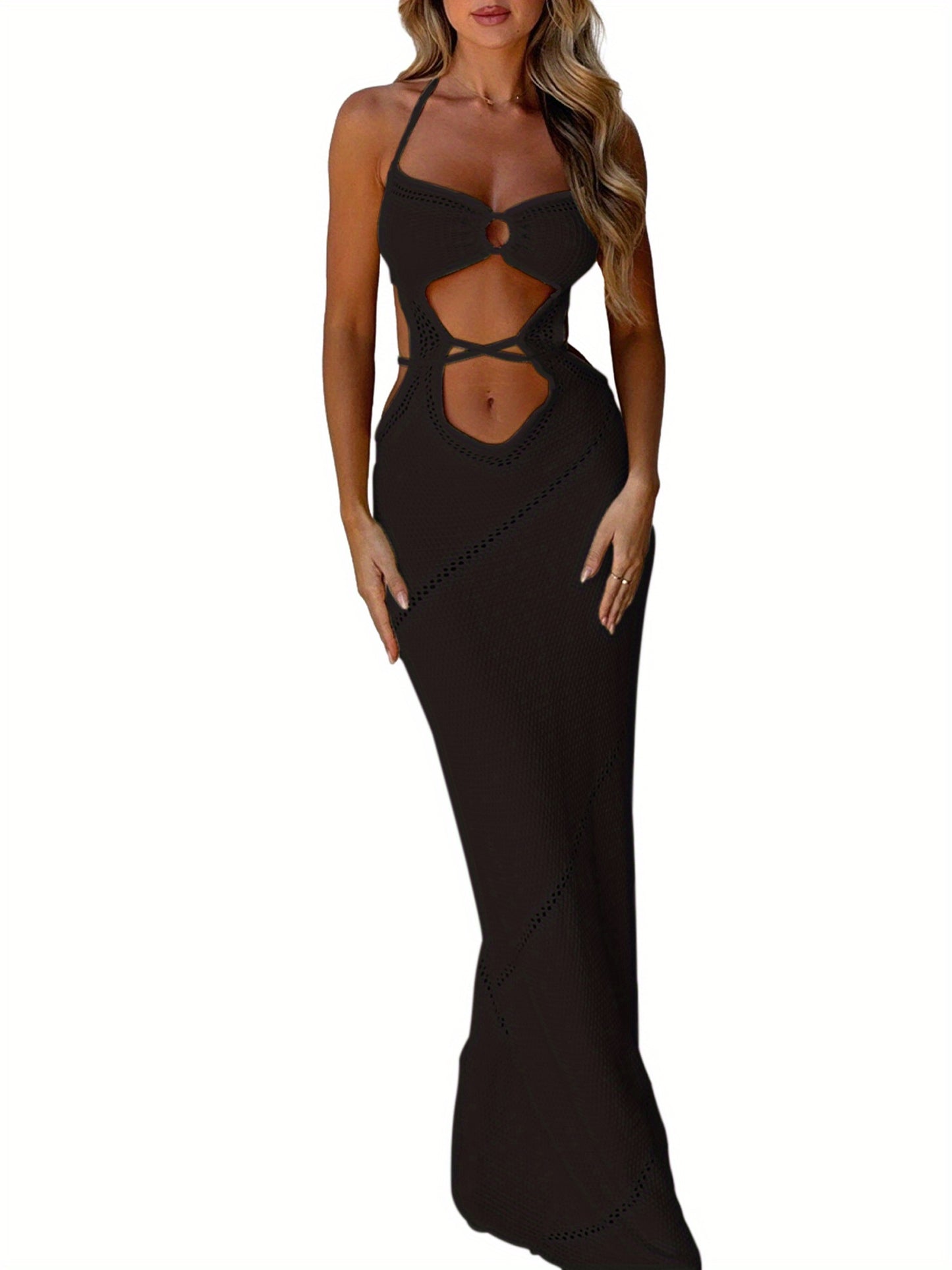 Women's Sleeveless Mermaid Dress - Halter Neck Long Dress with Back Cutout & Tie-Waist, Slim-Fit Pencil, Stretchy Fabric for Beach Weddings, Prom, Party (Hand Washable) - Spring/Summer Elegant Gown