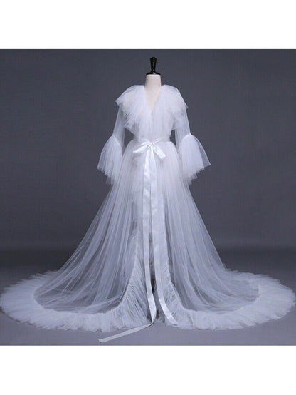 Women's Summer Kimono Dress - Sheer Tulle V-Neck Long Flare Sleeves Floor-Length Clothing, 4 Colors | 100% Polyester Machine-Washable Clothing with Sash Detail & Court-Style Design for All-Season Wear