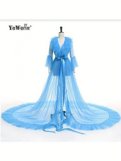 Women's Summer Kimono Dress - Sheer Tulle V-Neck Long Flare Sleeves Floor-Length Clothing, 4 Colors | 100% Polyester Machine-Washable Clothing with Sash Detail & Court-Style Design for All-Season Wear