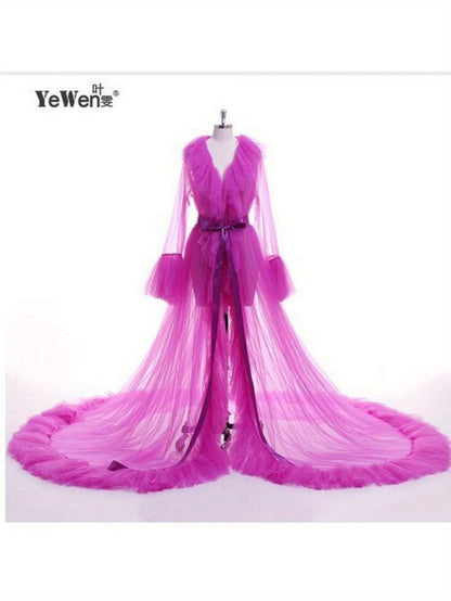 Women's Summer Kimono Dress - Sheer Tulle V-Neck Long Flare Sleeves Floor-Length Clothing, 4 Colors | 100% Polyester Machine-Washable Clothing with Sash Detail & Court-Style Design for All-Season Wear