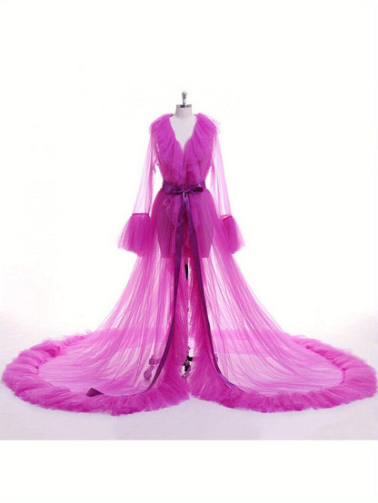 Women's Summer Kimono Dress - Sheer Tulle V-Neck Long Flare Sleeves Floor-Length Clothing, 4 Colors | 100% Polyester Machine-Washable Clothing with Sash Detail & Court-Style Design for All-Season Wear