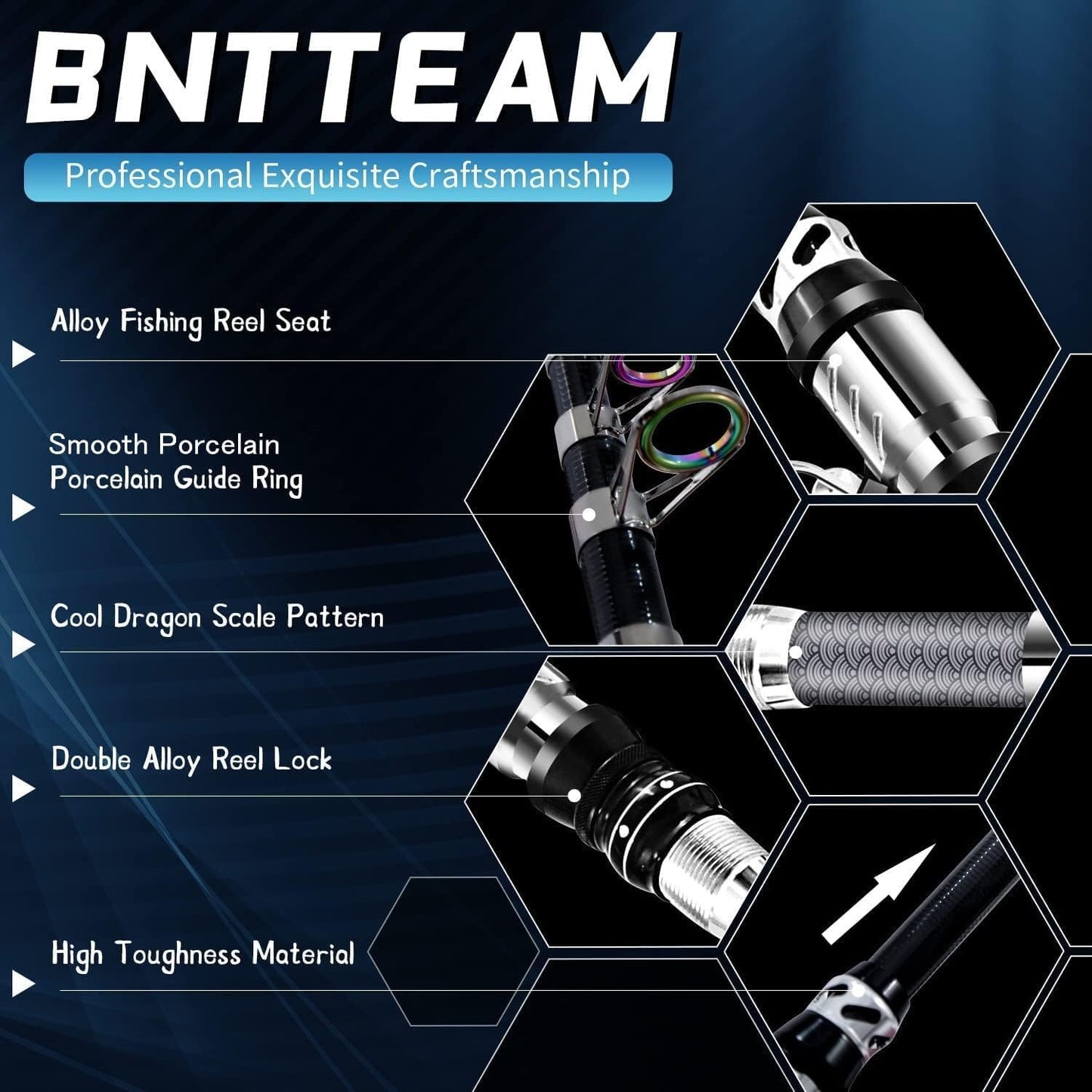 BNTTEAM Portable Fishing Spinning Rod and Reel Combo set Carbon Fiber Fluorescent Rod Tip, with Fishing Lures Line Carrier Bag Kits for Travel Surf Saltwater Freshwater