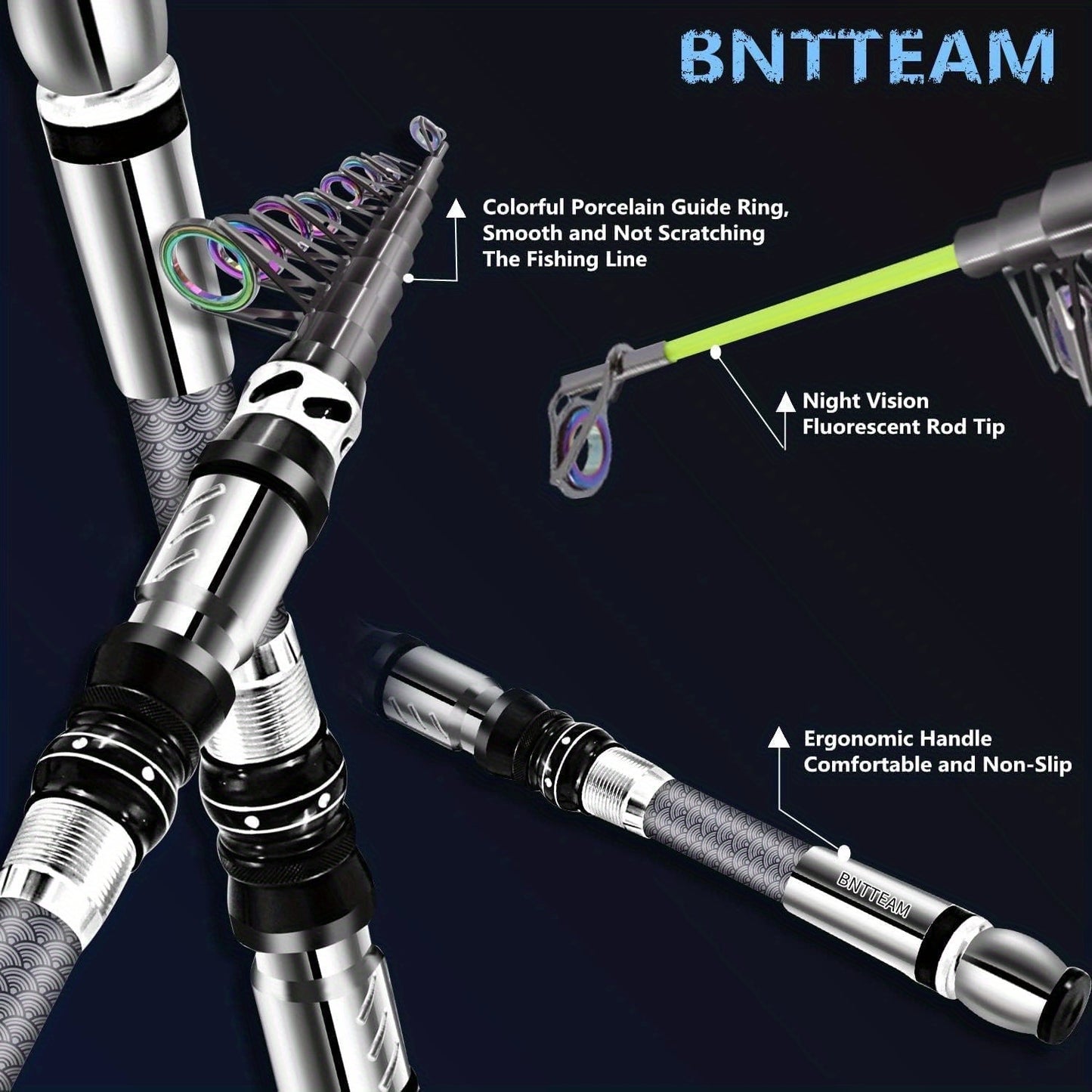 BNTTEAM Portable Fishing Spinning Rod and Reel Combo set Carbon Fiber Fluorescent Rod Tip, with Fishing Lures Line Carrier Bag Kits for Travel Surf Saltwater Freshwater