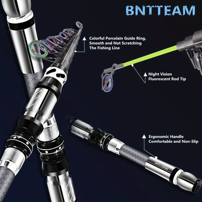BNTTEAM Portable Fishing Spinning Rod and Reel Combo set Carbon Fiber Fluorescent Rod Tip, with Fishing Lures Line Carrier Bag Kits for Travel Surf Saltwater Freshwater