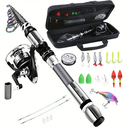 BNTTEAM Portable Fishing Spinning Rod and Reel Combo set Carbon Fiber Fluorescent Rod Tip, with Fishing Lures Line Carrier Bag Kits for Travel Surf Saltwater Freshwater
