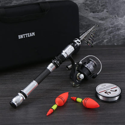 BNTTEAM Portable Fishing Spinning Rod and Reel Combo set Carbon Fiber Fluorescent Rod Tip, with Fishing Lures Line Carrier Bag Kits for Travel Surf Saltwater Freshwater